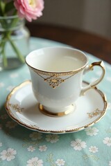 Beaded trim surrounds a dainty lace pin on a saucer, trim, decoration