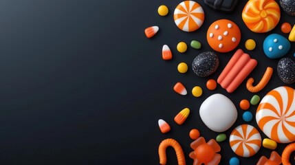 Assortment of Vibrant and Playful Halloween Themed Candies and Sweets Arranged on a Dark Background with Copy Space  Includes Lollipops Gummy Candies Chocolate