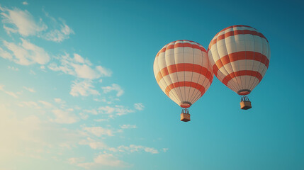 Fototapeta premium Two striped hot air balloons float in a clear blue sky