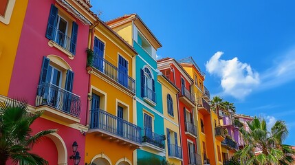 Obraz premium Vividly colored buildings gleam under bright sky wide photo. AI Generated