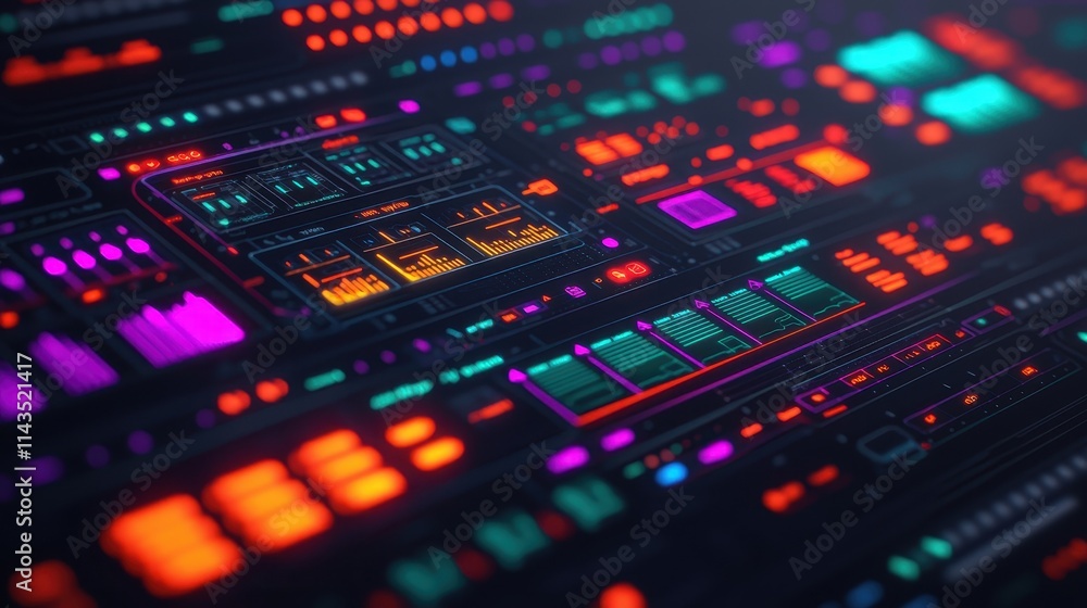 Poster futuristic digital interface with vibrant neon elements and patterns