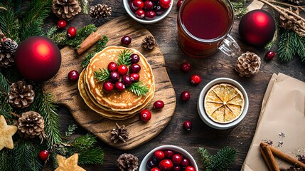 A cheerful holiday breakfast spread featuring pancakes, cranberries, and hot cider