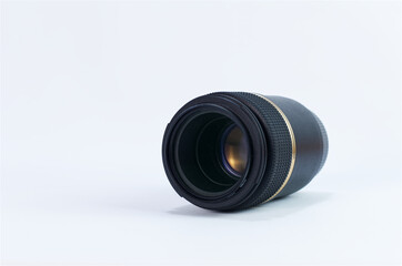 Professional Camera Lens with Black and Gold Design on White Background