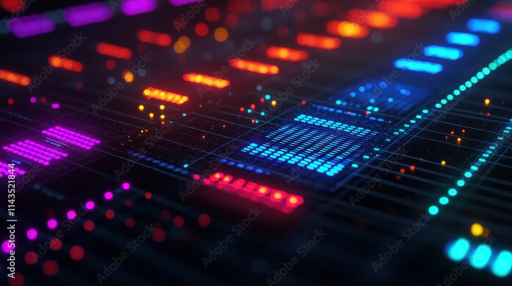 Poster vibrant abstract digital art with colorful light patterns and grids