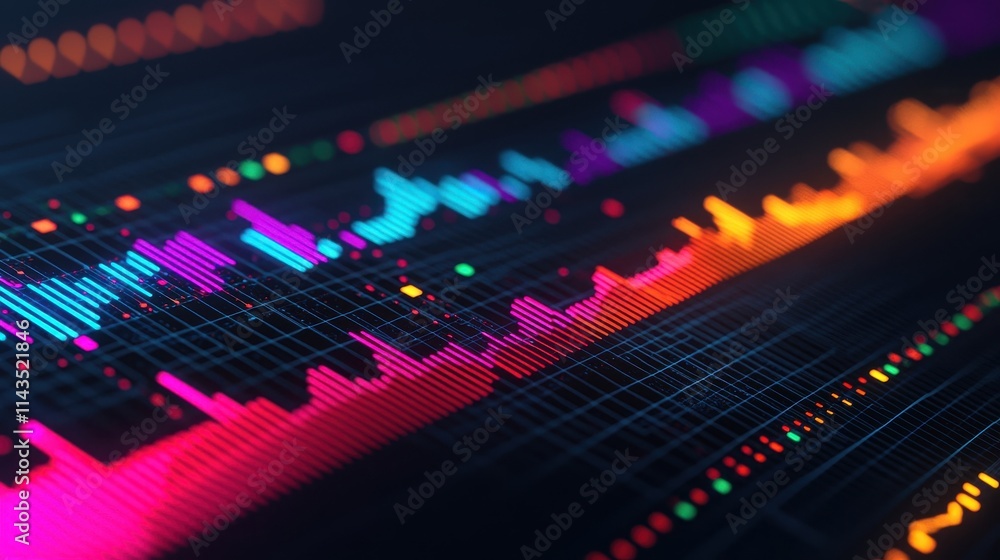 Poster colorful digital sound waves on a dark background in abstract style