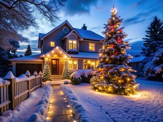 Snow-dusted homes glow with festive lights, a charming suburban Christmas silhouette in the falling snow.