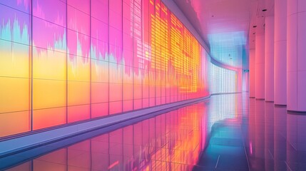 Vibrant Pastel Financial Data Projection in a Futuristic South Korean Corridor