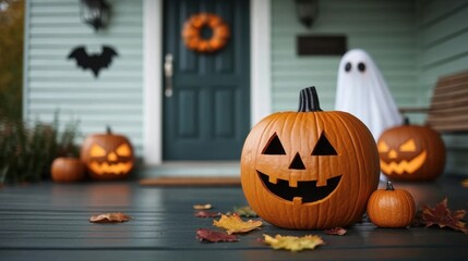 Spooky Halloween scene with carved jack o lanterns ghosts and other festive at the entrance of a rustic wooden house during the autumn season at dusk
