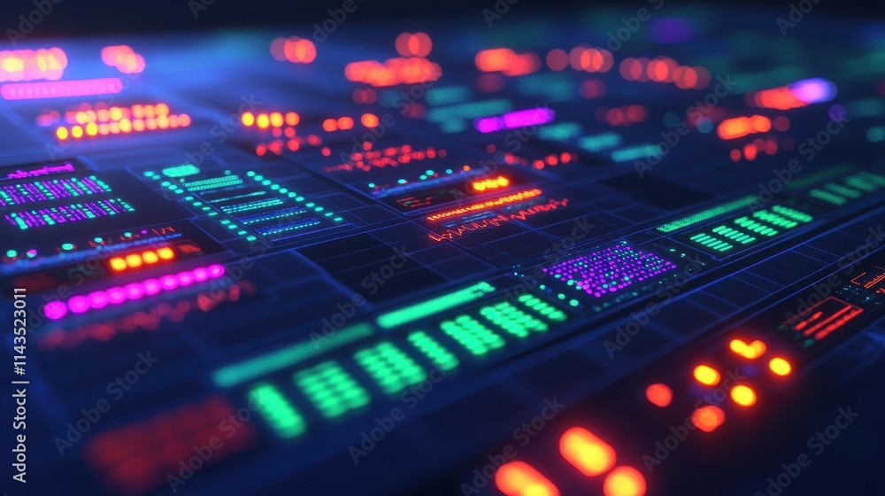 Poster vibrant neon data visualization on dark background for technology use