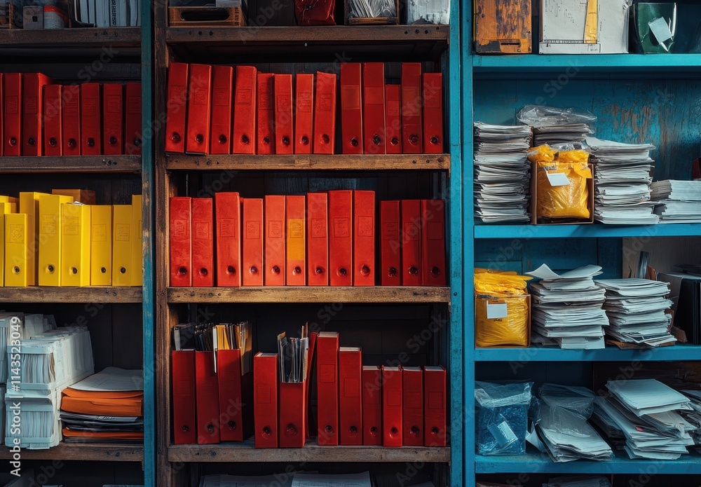 Poster colorful organization of file folders on shelves in a modern office space with creative storage solu