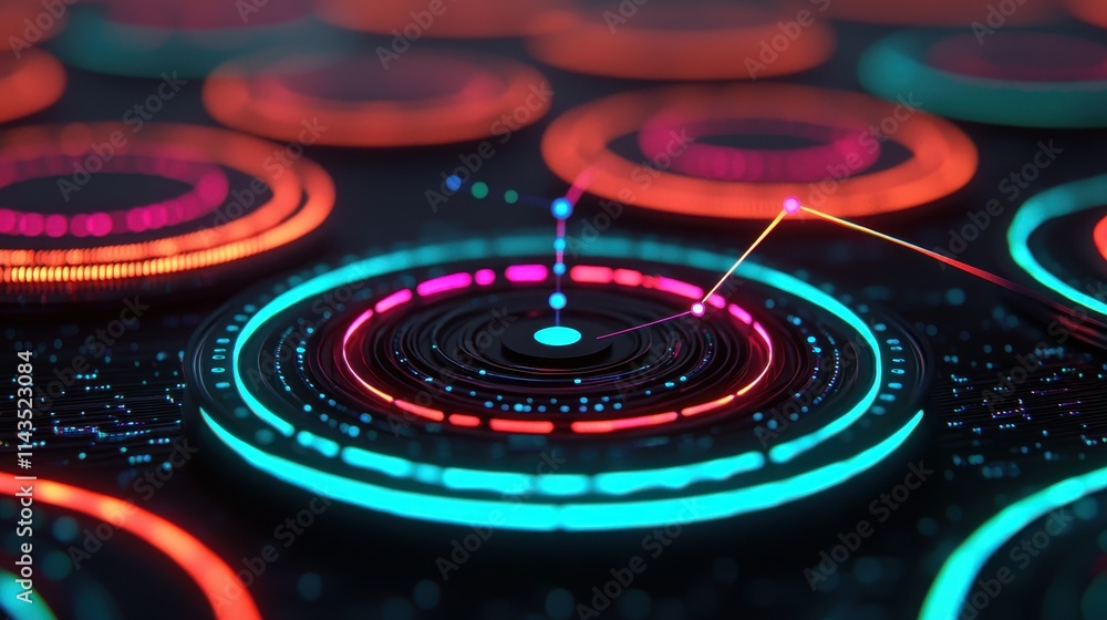 Poster abstract colorful circles with neon lights and digital patterns