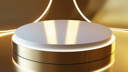 3D rendering white circular podium on gold neon background High quality isolated background