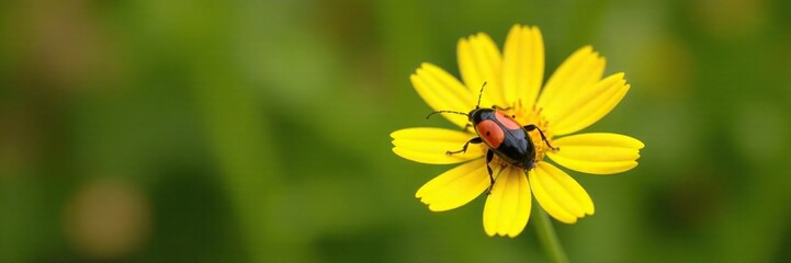 Beetle's back viewed from above as it moves along a single-petaled yellow wildflower, outdoor, flower