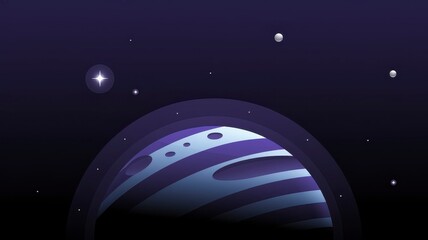 A vibrant planet with blue stripes surrounded by stars in a dark cosmic background.
