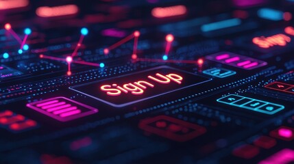 Neon Sign Up Button on Digital Interface with Colorful Lights