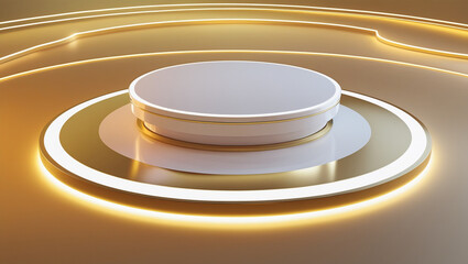 3D rendering white circular podium on gold neon background High quality isolated background
