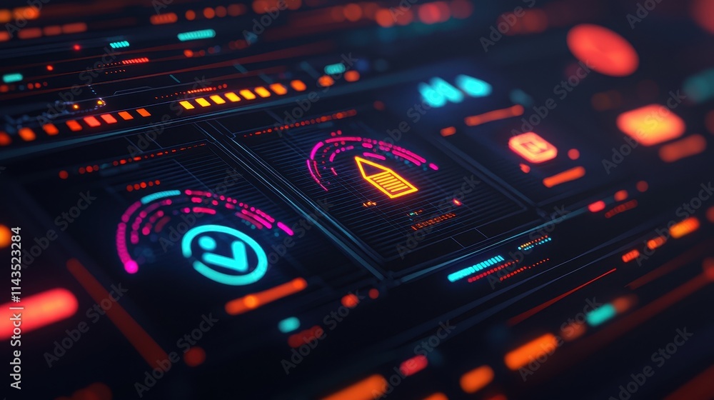 Poster futuristic digital interface with colorful elements and symbols
