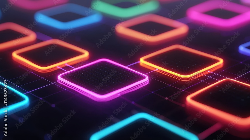 Poster colorful neon squares with grid pattern on dark background