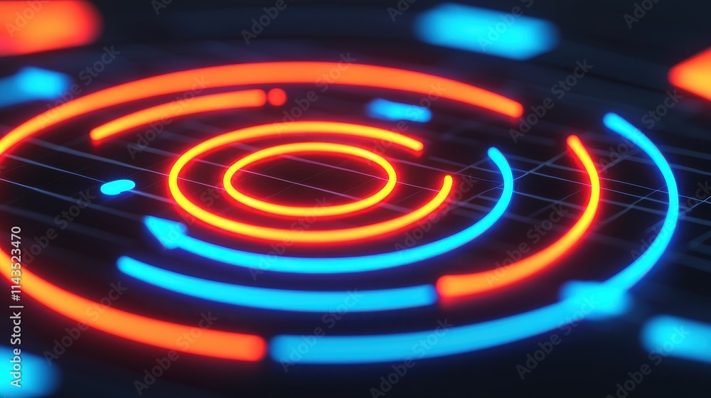 Poster abstract colorful circular pattern with neon lights and lines