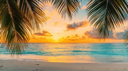 Fototapeta premium A breathtaking sunset view over a tropical beach with empty space in the sky area for text, showcasing clear blue waters, palm trees swaying gently, and soft sand. Perfect for inspirational 