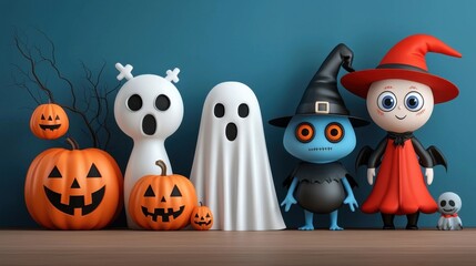 Assortment of spooky and whimsical Halloween figurines including pumpkins ghosts a witch and a black cat arranged on a shelf against a dark teal background