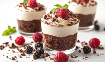 Bright chocolate mousse cups in food photography