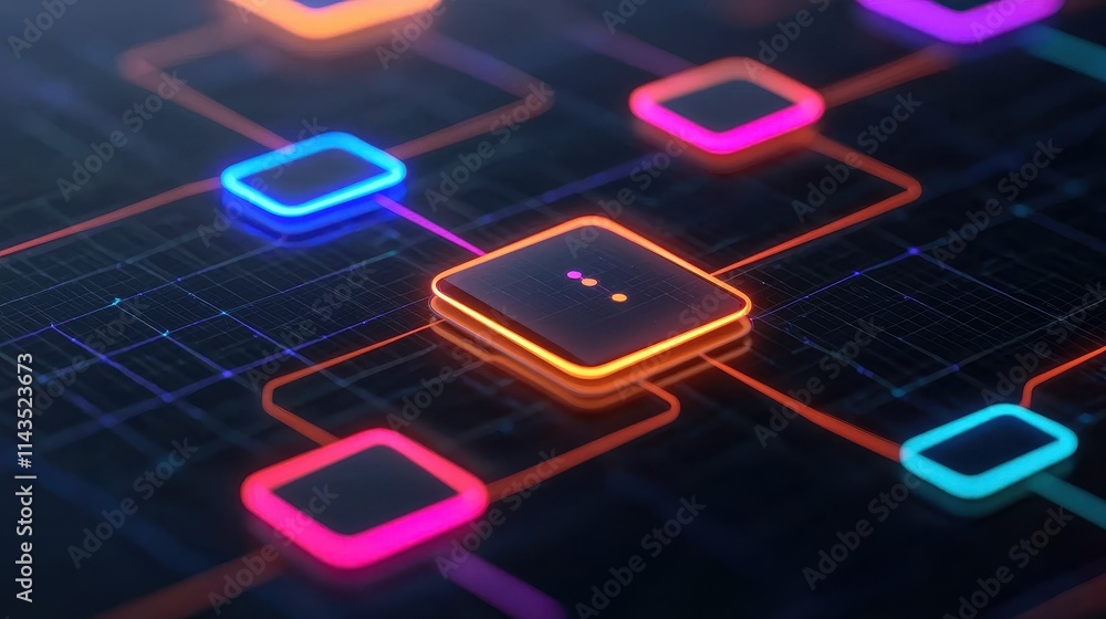 Poster abstract colorful circuit board with neon squares and lines