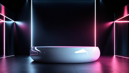 3D rendering white circular podium on neon black background