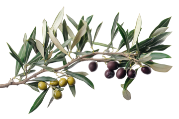 a branch of an olive tree with green and black olives and green leaves on a transparent background