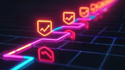 Neon Data Protection Concept with Shield and Growth Graphs