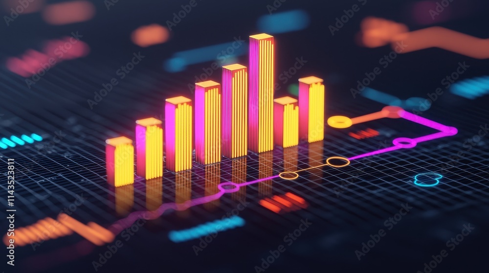 Poster vibrant financial bar chart with colorful lines and data background
