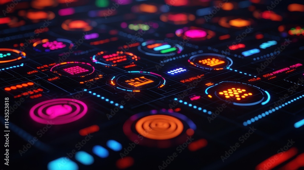 Aufkleber futuristic digital interface with colorful icons and graphics