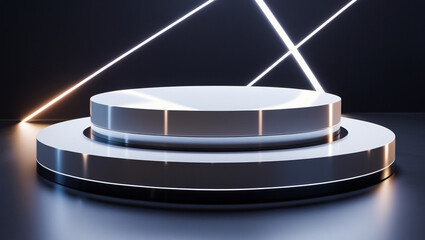3D rendering white circular podium on neon black background