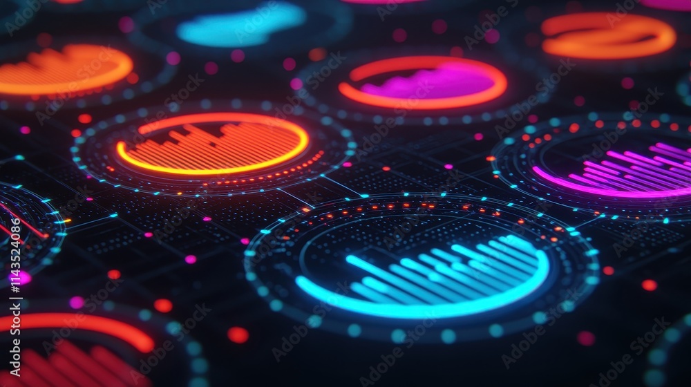 Fototapete futuristic data visualization with colorful graphs and circular patterns