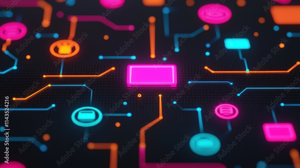 Poster abstract digital circuit board with neon colors and icons design