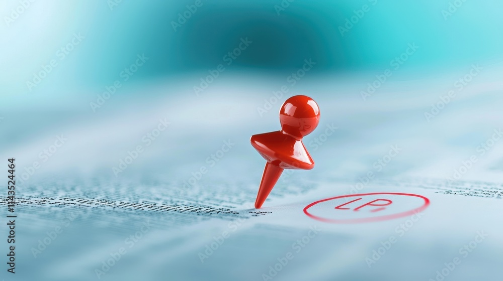 Poster a close up shot of a red pushpin piercing a document, highlighting an important date circled in red 