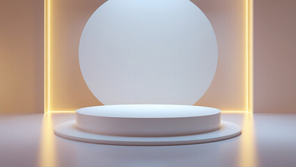 3D rendering white circular podium on gold neon background High quality isolated background