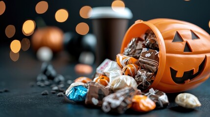 Spooky Halloween pumpkin bucket overflowing with an assortment of colorful candies chocolates and other sweet treats on a dark moody background  Festive fall and autumn decor with a haunting