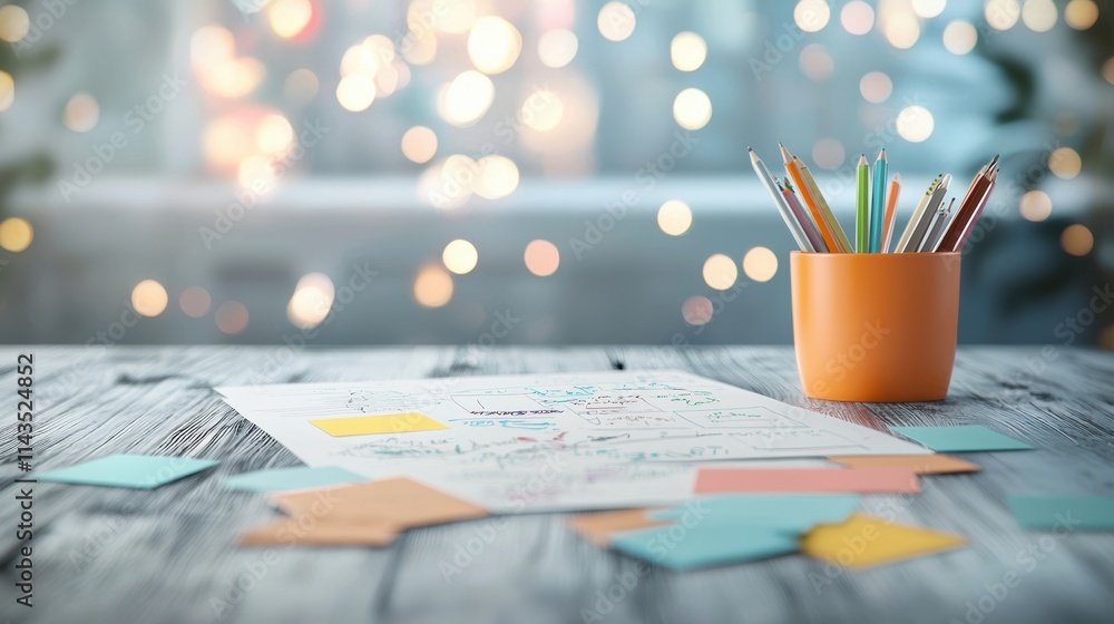 Poster a writer workspace with a pinboard covered in index cards, plot outlines, and character sketches, re