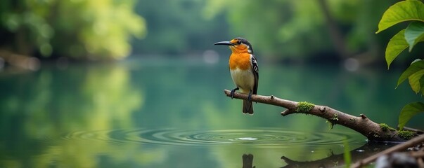 Bird perched on a branch above the river's surface, outdoor, water, wildlife