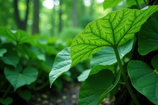 Big green leaf cocoyam plant with thick stems and vines, green vegetation, cocoyam plant, giant leaf