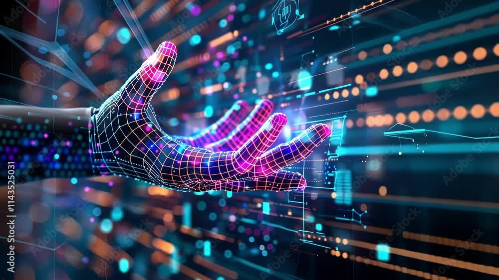 Poster holographic hand interacts with a futuristic interface, symbolizing the potential of future technolo