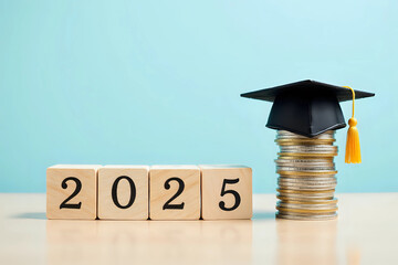 Wooden blocks with the number 2025 and stack of coins with graduation hat. The concept of saving money for education