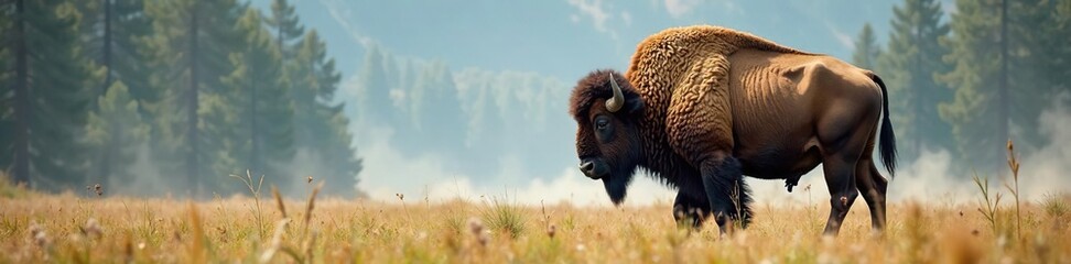 Fototapeta premium Bison's shaggy coat blends into misty yellowstone forest landscape, wildlife, bison