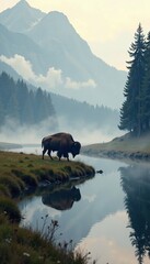 Bison walks along misty riverbank with fog rolling in, bison, animal, scenery