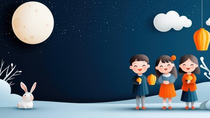 Naklejka premium Enchanting Nighttime Adventure with Children in Moonlit Forest Landscape Carefree young kids exploring the magical outdoors under a starry sky and glowing lanterns