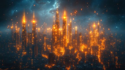 Obraz premium Futuristic city, glowing orange, night sky.