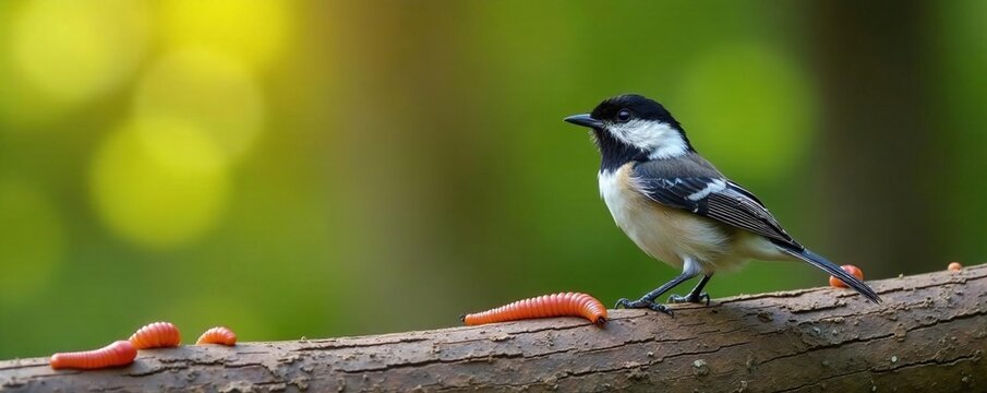 Black capped chickadee perched on a log with multiple inchworms crawling on the log, log, wildlife