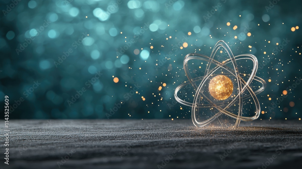 Poster a symbolic representation of the atom, with radiating lines of energy emanating from its core, symbo