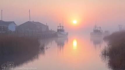 Naklejka premium Zoom Virtual Background: Misty sunrise over a calm harbor with fishing boats and reflections. Sunshine Wallpaper
